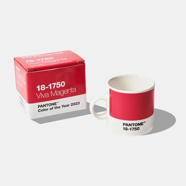 Pantone Color of the Year small box in magenta next to a mug in magenta on a white background.