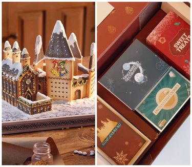 On the left is a Hogwarts gingerbread house and on the right is an open Harry Potter trunk full of boxes of sweets.