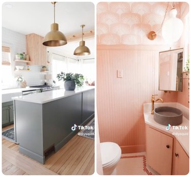 neutral kitchen with brass pendant lamps and an all-pink bathroom