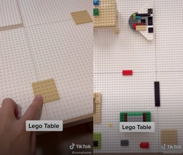 Split screen image with a finger touching the top of a LEGO table on the left, and LEGOs on a LEGO table to the right