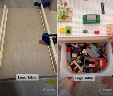 Split screen image of sliders being glued to the bottom of a table to the left, and hands pulling storage bins of LEGOs out from under a LEGO table to the right