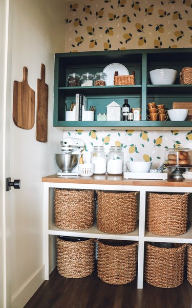 pantry with removable wallpaper with lemon pattern