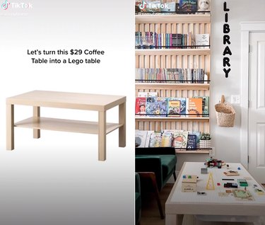 Split screen image with a wooden coffee table on the left and a room with a book shelf, LEGO table, and sign on the wall that says "Library"