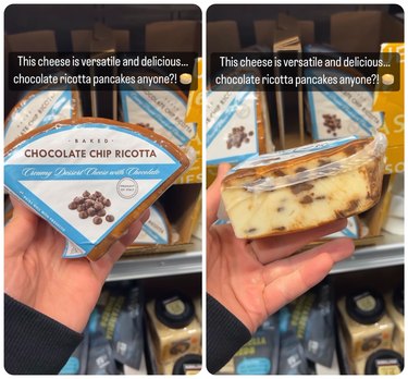 Two images, the one on the left is a hand holding Baked Chocolate Chip Ricotta from Costco. The front of the package is facing the camera. The label is white and blue with dark brown text, and a picture of chocolate chips. The second image is the same package, just showing the side. The ricotta cheese is off white, with chocolate chips throughout.