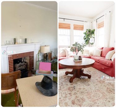 before and after photos of a living room showing clutter vs. a bright space with a salmon-color sofa