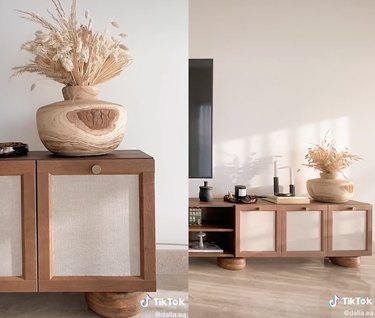 Split screen image showing a DIY media unit topped with a vase of sraw