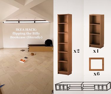 Split screen image of a wide view of someone making a DIY media unit on the left and a breakdown of the shelf materials needing for the project on the right