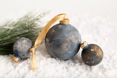 vintage-inspired gold and blue christmas ornaments