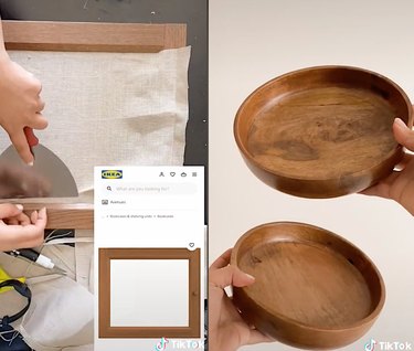 Split screen image of someone attaching linen cloth to a cabinet door on the left and two wooden bowls on the right