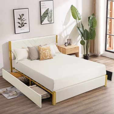 Costway Queen Size Upholstered Bed Frame Wooden With 4 Drawers, $267.99