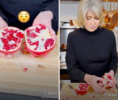 Split screen image of hand holding two halve of a pomegranate open with a shocked face emoji on one side and Martha Stewart breaking off pieces of a pomegranate on the other
