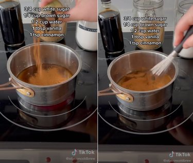 Split screen image of a hand adding cinnamon to a sauce pan on one side and whisking the mixture in the sauce pan on the other