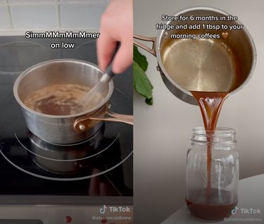 Split screen image of a hand whisking a mixture in a sauce pan with the text "Simmmmmmer on low" on one side and a sauce pan pouring a brown syrup into a jar on the other with the text "store for 6 months in the fridge and add 1 tbsp to your morning coffees" on the other