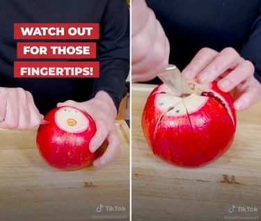Split screen image of a hand scoring the outside of a pomegranate with a knife with the text "watch out for those fingertips!" on one side and a pomegranate with a knife stabbing into its center on the other