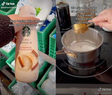 Split screen image of a hand holding a bottle of Starbucks Cinnamon Dolce Latte Coffee Enhancer one on side and a hand pouring brown sugar into a sauce pan on the other