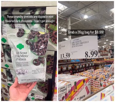 Costco Girl Scout Thin Mint Pretzels in the store with a price sign that reads $8.99.