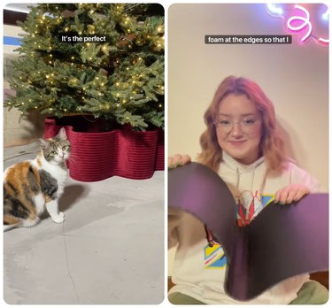 Two images: The one on the left shows a curvy red velvet tree collar under an artificial tree, with a calico hat sitting and looking at the camera. On the right, TikTok creator @emilyrayna holds a piece of bendy black foam. They have short red hair, glasses and is wearing a white hoodie.