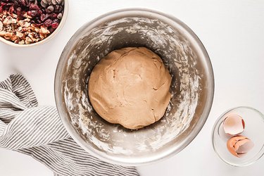 Cookie dough in a stainless steel bowl