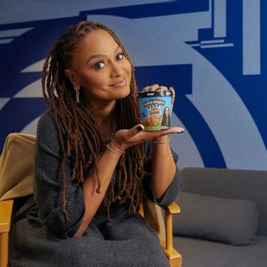 Ava DuVernay holding a pint of her new Ben & Jerry's flavor Lights, Caramel, Action!