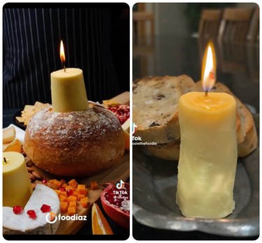 Two images: The first image shoes a candle made out of butter on top of a loaf of bread, surrounded by pomegranates, crackers and cubes of cheese. The second image is a lit butter candle on a silver dish, next to three slices of bread.