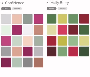 Two color palettes featuring berry colors, greens, and greys