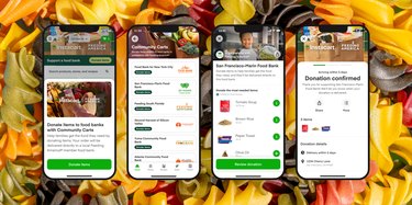 Four phones with the Instacart App open, on various pages for Community Carts, their virtual food drive. The background is yellow, red and black dry pasta.