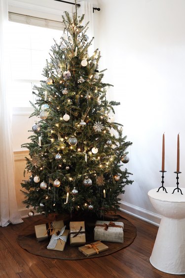 DIY brown velvet tree skirt around Christmas tree with presents