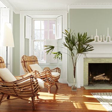 A living room with light green walls