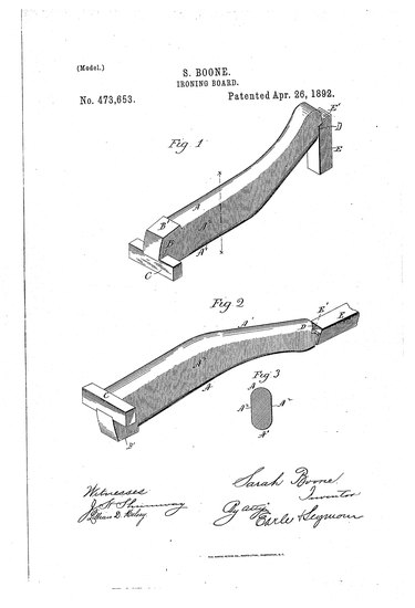 Sarah Boone's patent for improvements to the ironing board, granted in 1892