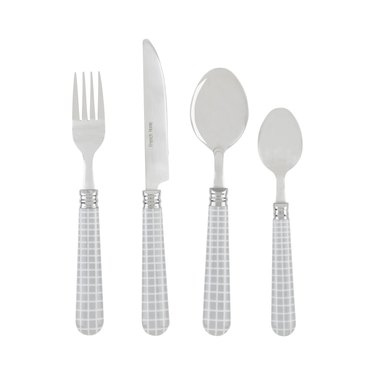 gray and white gridded flatware set
