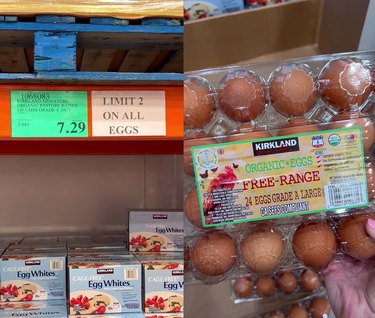 Split screen image of the $7.29 price tag of eggs at Costco on the left and a package of the eggs on the right