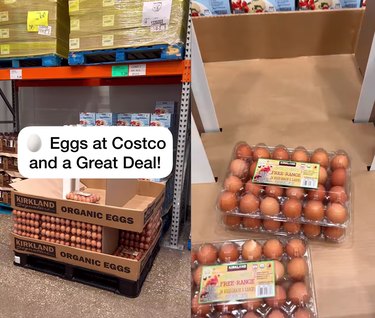 Split screen image of a eggs at Costco on the left and a close up of the eggs on the right