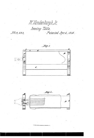 A patent for an ironing table, granted to William Vandenburg and James Harvey in 1858.