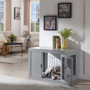 gray crate for dog that's also a side table
