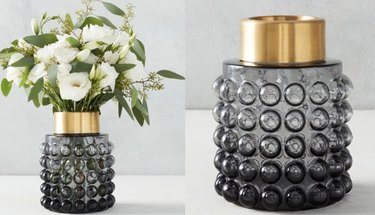 two photos of a black vase with a bubble texture, left side shows flowers and right side shows it empty