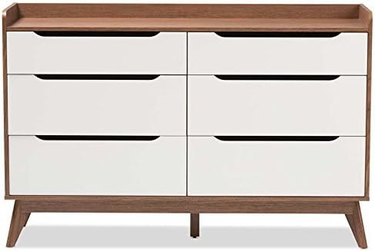wood and white six-drawer midcentury dresser