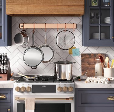 cookware set hanging in kitchen