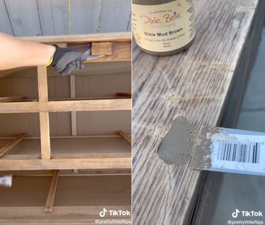 Split image of a hand prying wood off a dresser to the left and a tool applying wood filler to the right