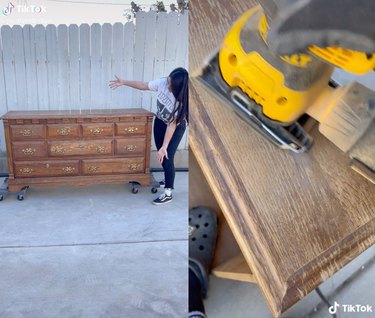 Split screen image of a woman showing off a dresser on the left, and an electric sander on the right