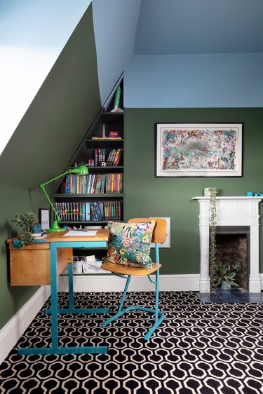 green and blue colorblocked wall in bedroom