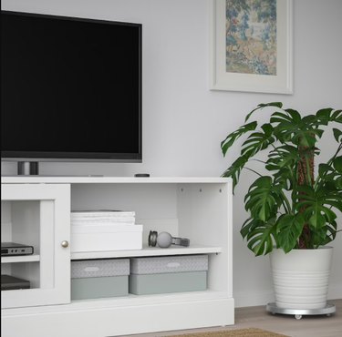 tv area with white shelves and plant