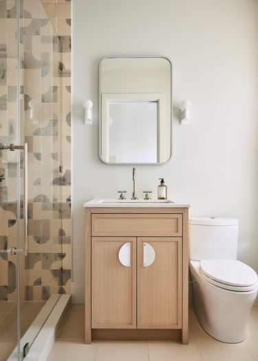 small bathroom vanity ideas with neutral wood vanity