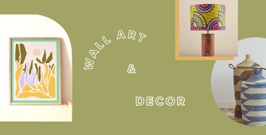 graphic with green background with text that reads "wall art & decor" with photos of art, lamp, and baskets