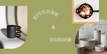 graphic with green background and text that reads "kitchen & dining," with photos of mug, skillet with food, and ceramic pieces