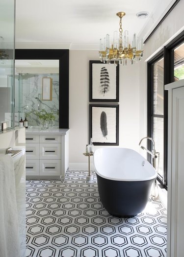 black and white bathroom with art deco details
