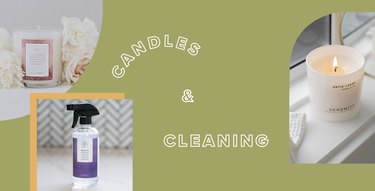 graphic with green background and text that reads "candles & cleaning" with photos of a candle, spray bottle, and another candle
