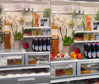 Split screen image of a refrigerator filled with food and flowers