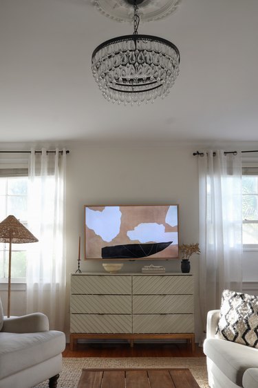 DIY Samsung Frame TV hanging on wall in living room