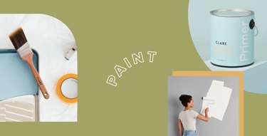 graphic with green background and text that reads "paint" with three photos of paint and brush, a paint can, and a person painting a wall
