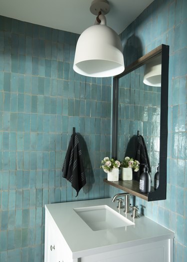 small bathroom vanity ideas with blue tiled walls